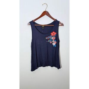 W5 Tank Top Women Medium Navy Blue Floral Embroidered Scoop Neck Sleeveless Slub